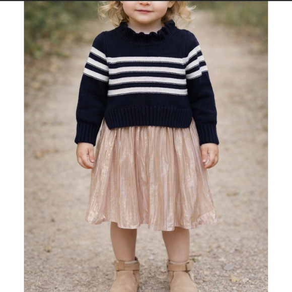 Crewcuts Other - Crewcuts Girls 2T Navy & White Striped Sweater Dress with Shimmery Pleated Skirt
